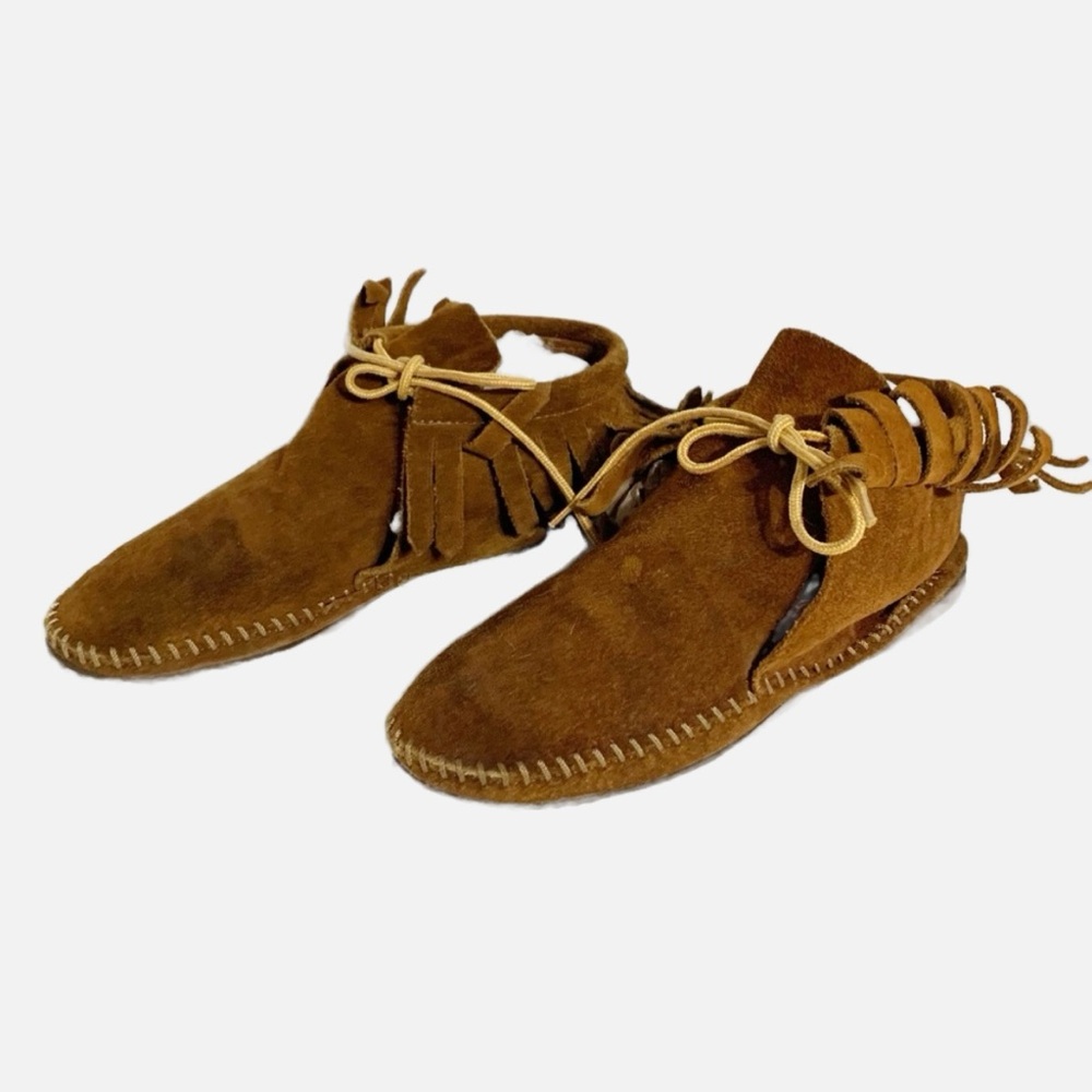 Unbranded Fringed Ankle Suede Leather Moccasins Tie Closure Rubber Sole Lace Up